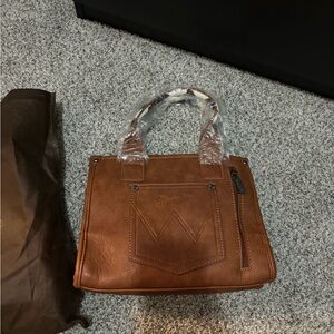 NWOT Wrangler COW PRINT CROSS BODY MINI TOTE: Cognac